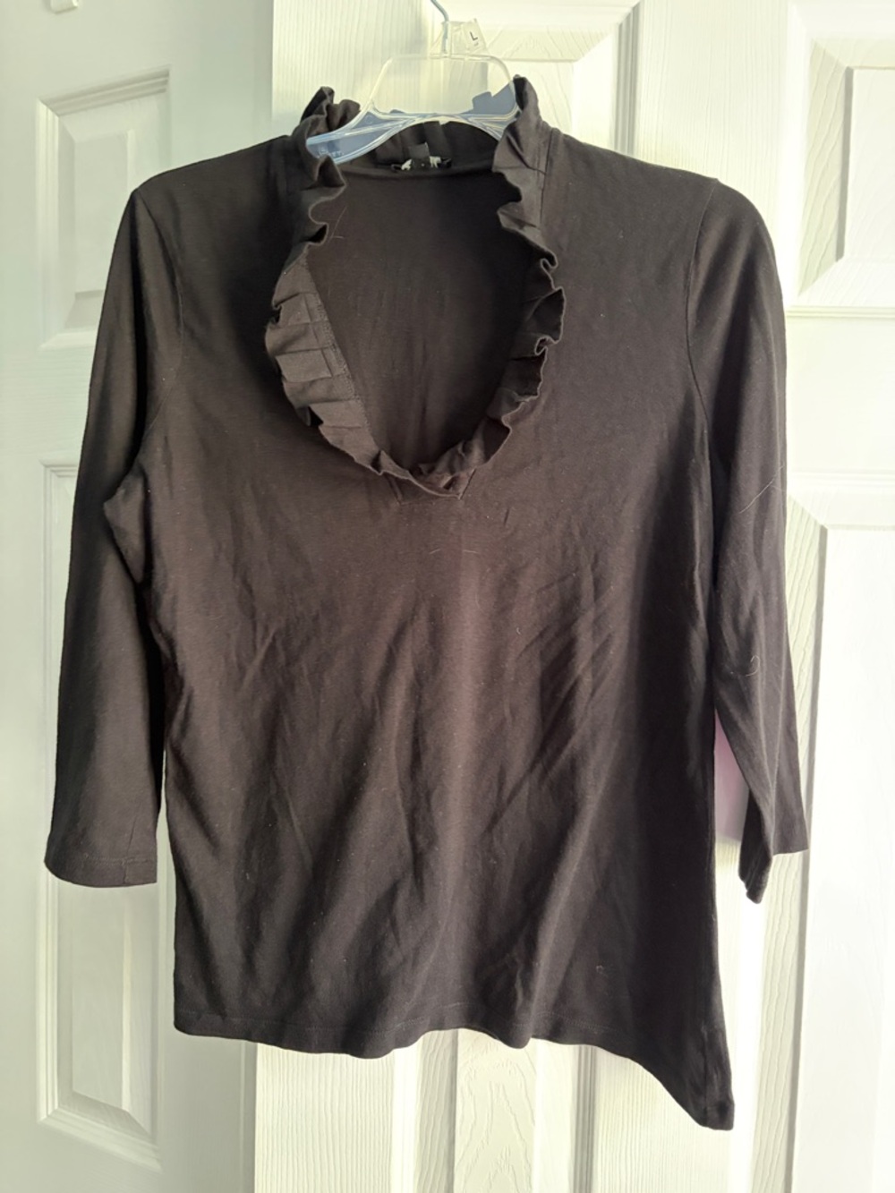 Talbots Black Ruffle Trim V-Neck three-quarter Sleeve Top
